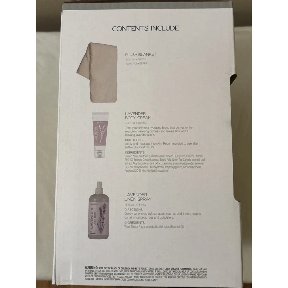SpaRoom Cozy Kit Lavender Aromatherapy Fleece Throw Linen Spray Body Cream Set